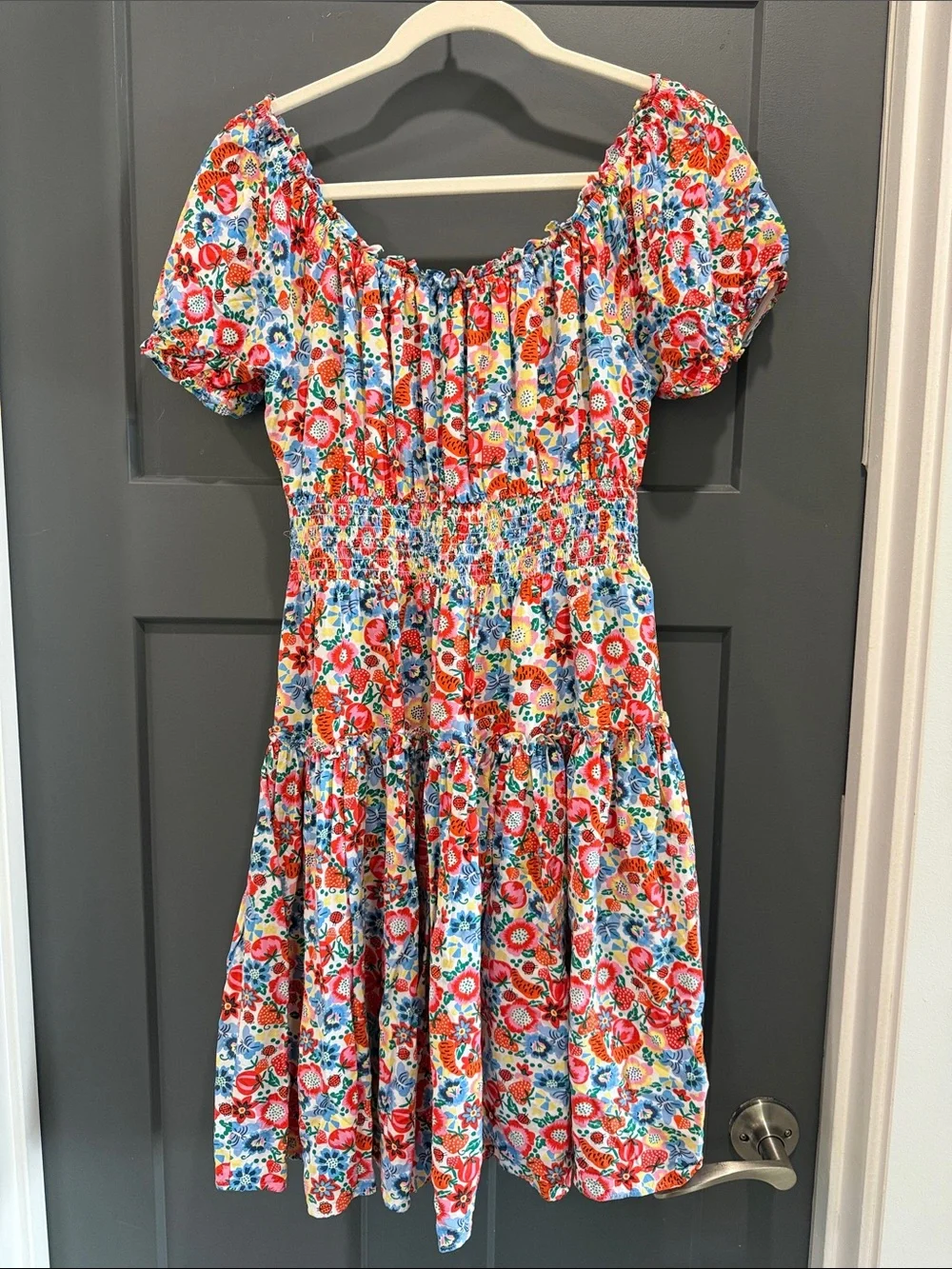 J. Crew Floral Puff-Sleeve Smocked Dress in Red, Blue, Yellow